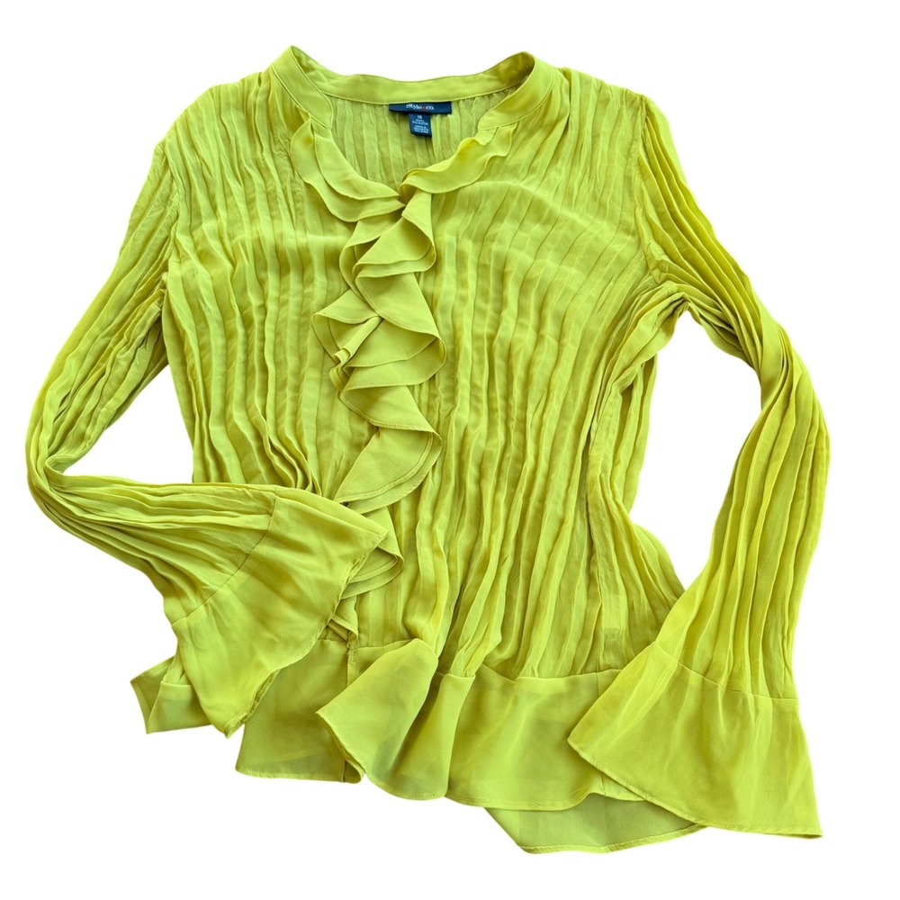 Style&co Womens 18 Chartreuse Yellow Pleated Ruffle‎ V-Neck Bell Sleeve Blouse - Picture 2 of 5